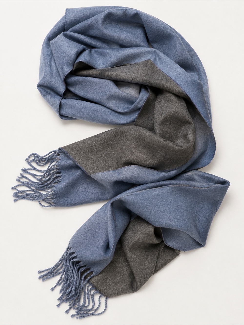 Unisex Reversible Blue & Charcoal Gray Fringe Scarf – Soft Winter Wrap